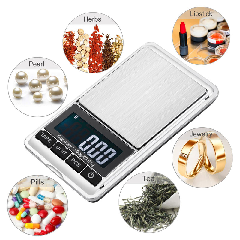 [Australia - AusPower] - Digital Precision Gram Scale, 0.001oz/0.01g 500g Mini Pocket Scale, Portable Electronic Weight Jewelry Scales, Tare, Auto Off, Stainless Steel, White Backlit Display(Battery Included) 