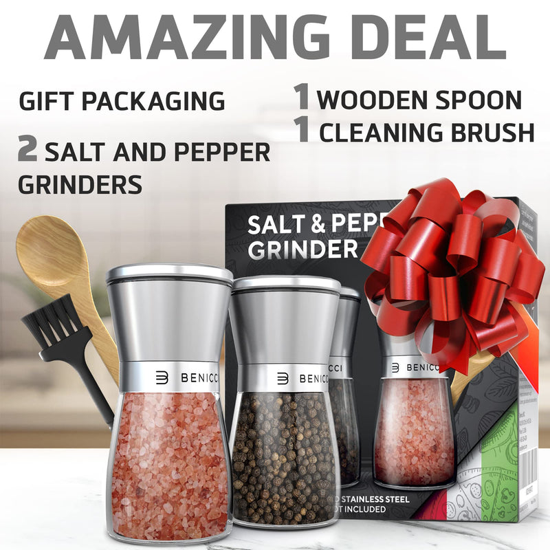 [Australia - AusPower] - Beautiful Stainless Steel Salt & Pepper Grinders Refillable Set - Two 5 oz Salt / Spice Shakers with Adjustable Coarse Mills - Easy Clean Ceramic Grinders with BONUS Wooden Spoon and Cleaning Brush 