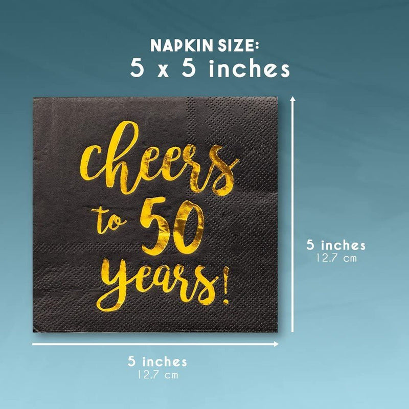 [Australia - AusPower] - Cocktail Napkins - 50-Pack Luncheon Napkins, Disposable Paper Napkins Party Supplies for Birthday, Anniversary, 3-Ply, Cheers to 50 Years Design, Unfolded 10 x 10 inches, Folded 5 x 5 inches 