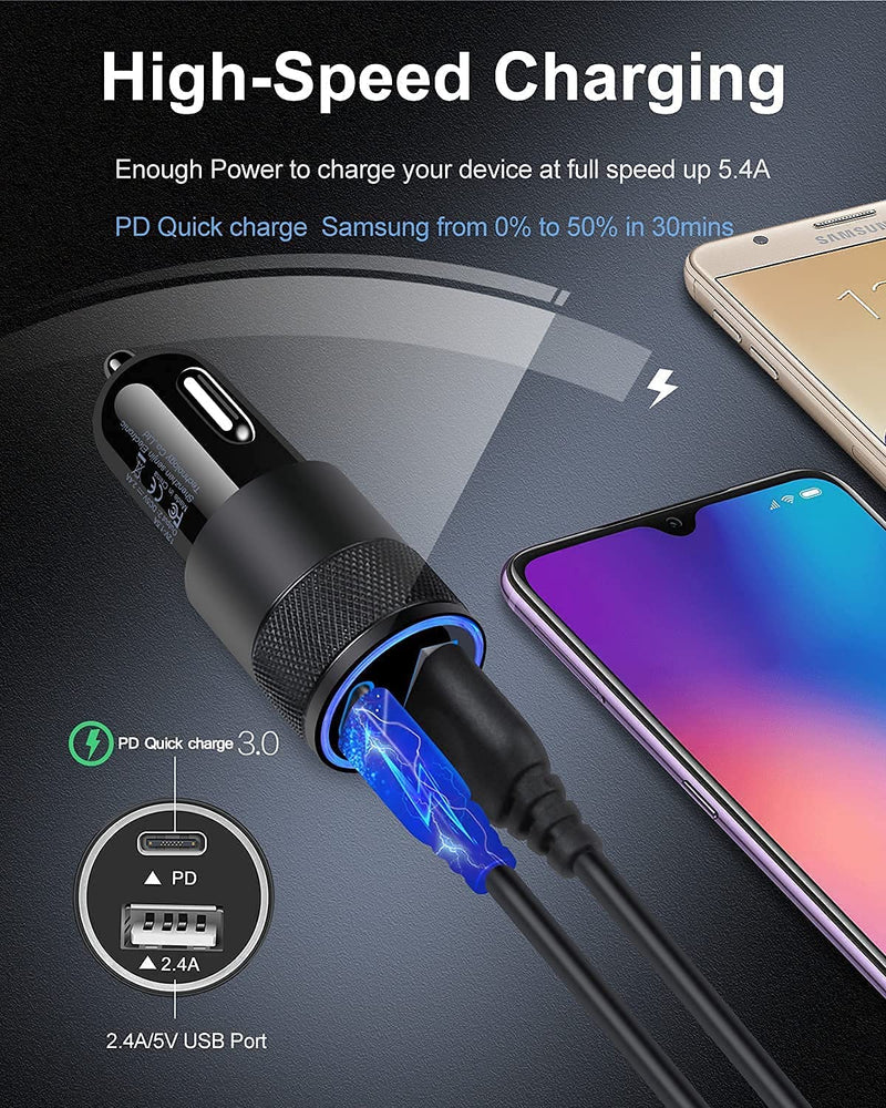 [Australia - AusPower] - Super Fast Type C Car Charger Block for Samsung Galaxy S21+ Ultra 5G, Google Pixel, Motorola, Oneplus, 20W USB C Wall Charger+30W USB Lighter Adapter+2 x 60W Retractable USB-C Cables-3Ft Cords 