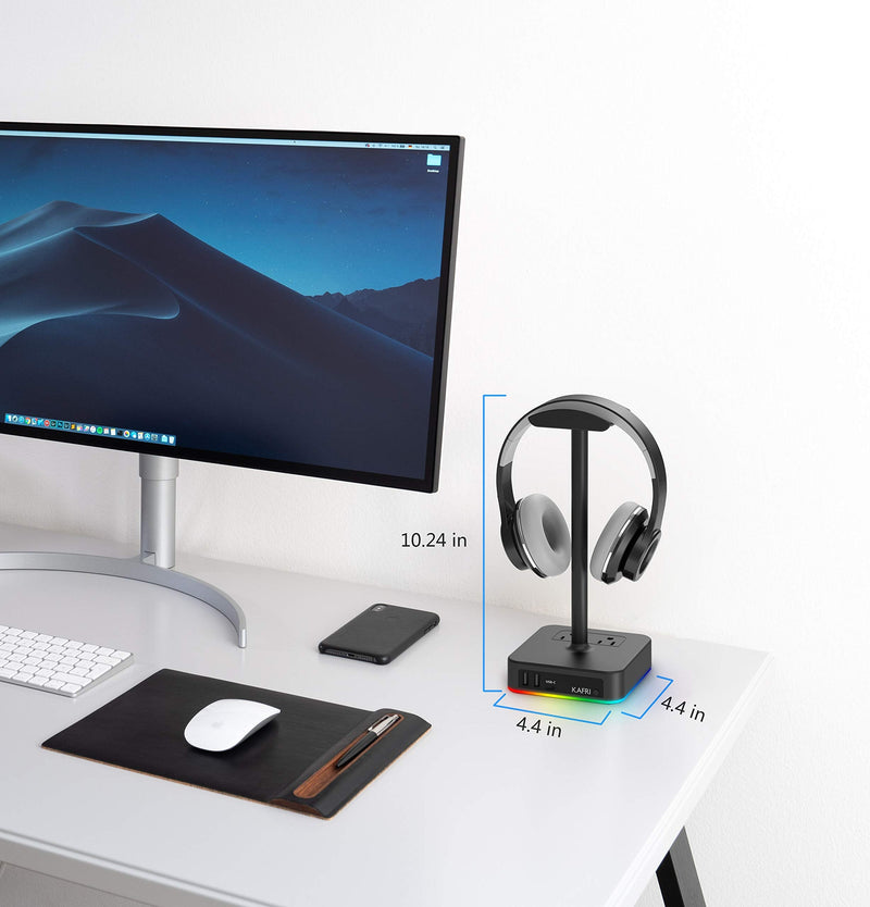 [Australia - AusPower] - KAFRI RGB Headphone Stand with USB A&C Charger Desk Gaming Headset Holder Hanger Rack with 3 USB Charging Port and 2 Outlet - Suitable for Gamer Desktop Table Game Earphone Accessories Boyfriend Gifts A-ONE STAND 