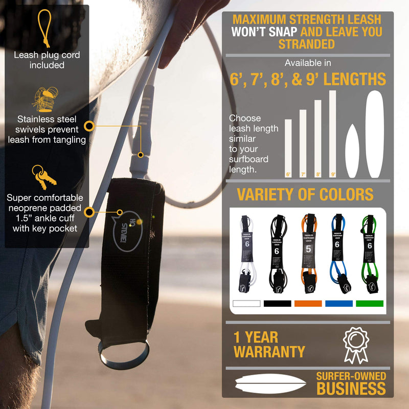 [Australia - AusPower] - Ho Stevie! Premium Surf Leash [1 Year Warranty] Maximum Strength, Lightweight, Kink-Free, for All Types of Surfboards. 7mm Thick (1/4") 6/7/8/9 Feet Black 6 Feet 