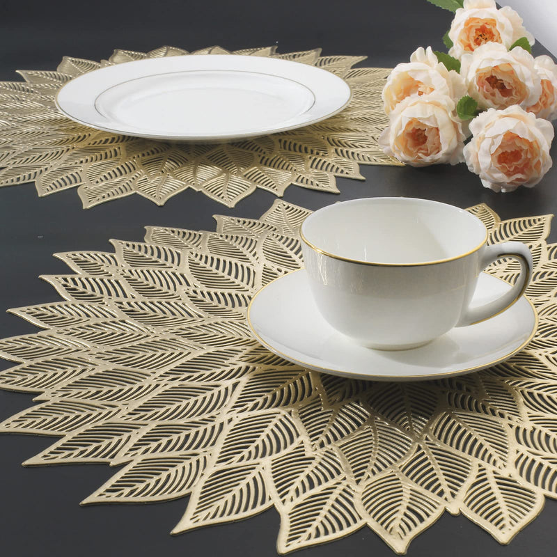 [Australia - AusPower] - Mabbcoo Placemats Set of 6, Round Hollow Out Flowers Place Mats for Dining Table Pressed Vinyl Blooming Leaf Table Mats for Holiday Party Wedding Accent Centerpiece Dinner Table Decoration (Gold) Gold 