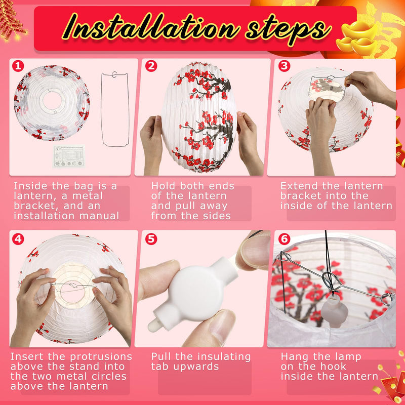 [Australia - AusPower] - Tuanse 30 Pcs LED Chinese Japanese Lanterns Decoration Includes Cherry Flowers Paper Lanterns Red Chinese Lanterns and LED Lantern Lights for New Year Spring Festival (Red, White, Black,Multi Size) 