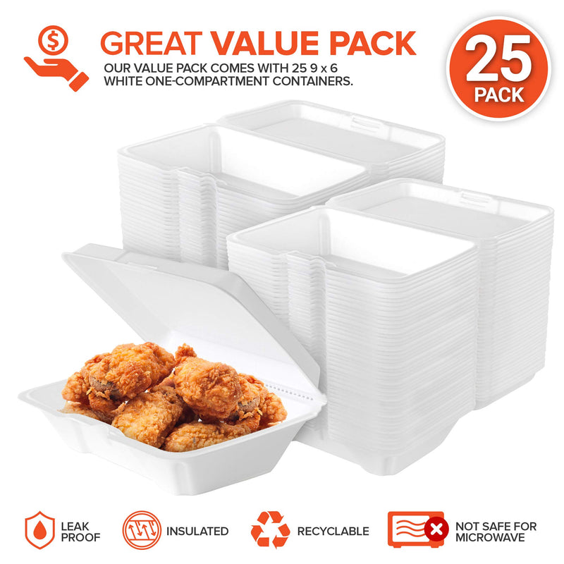 [Australia - AusPower] - Stock Your Home 9 x 6 Clamshell Styrofoam Containers (25 Count) - 1 Compartment Food Containers - Large Carry Out Food Containers - Insulated Clamshell Take Containers For Delivery, Restaurants 