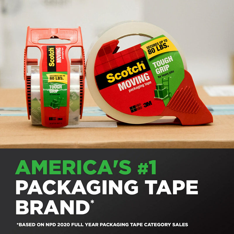 [Australia - AusPower] - Scotch Tough Grip Moving Packaging Tape, 1.88" x 54.6 yd, Strong Hold on All Box Types Including Recycled, Secures Boxes up to 80 lbs, 3" Core, Clear, 2 Rolls with 1 Dispenser (3500-2-1RD) 