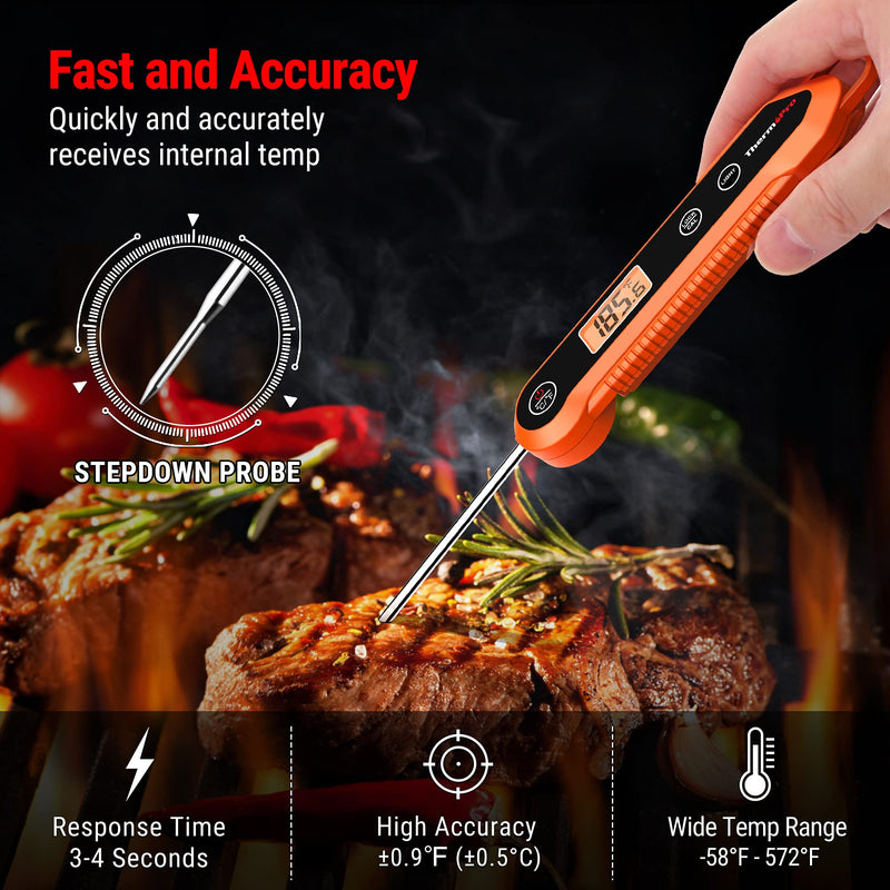 [Australia - AusPower] - ThermoPro TP03H Digital Instant Read Meat Thermometer for Grilling Waterproof Kitchen Food Thermometer with Calibration & Backlight Smoker Oil Fry Candy Thermometer Orange 