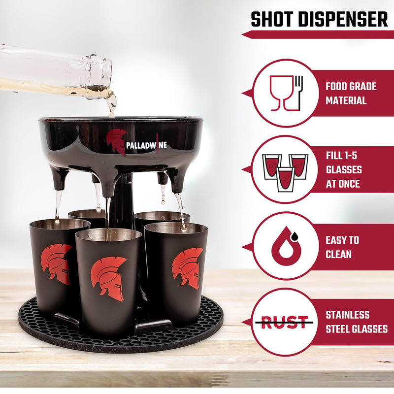 [Australia - AusPower] - Spear Shot Dispenser with 5 Glasses Pack Premium Quality Hard Plastic Liquid Pourer and Holder - Durable Stainless Steel Glass Smart Gadget Multiple Shots for Party Fiesta Holiday with Family Friends 
