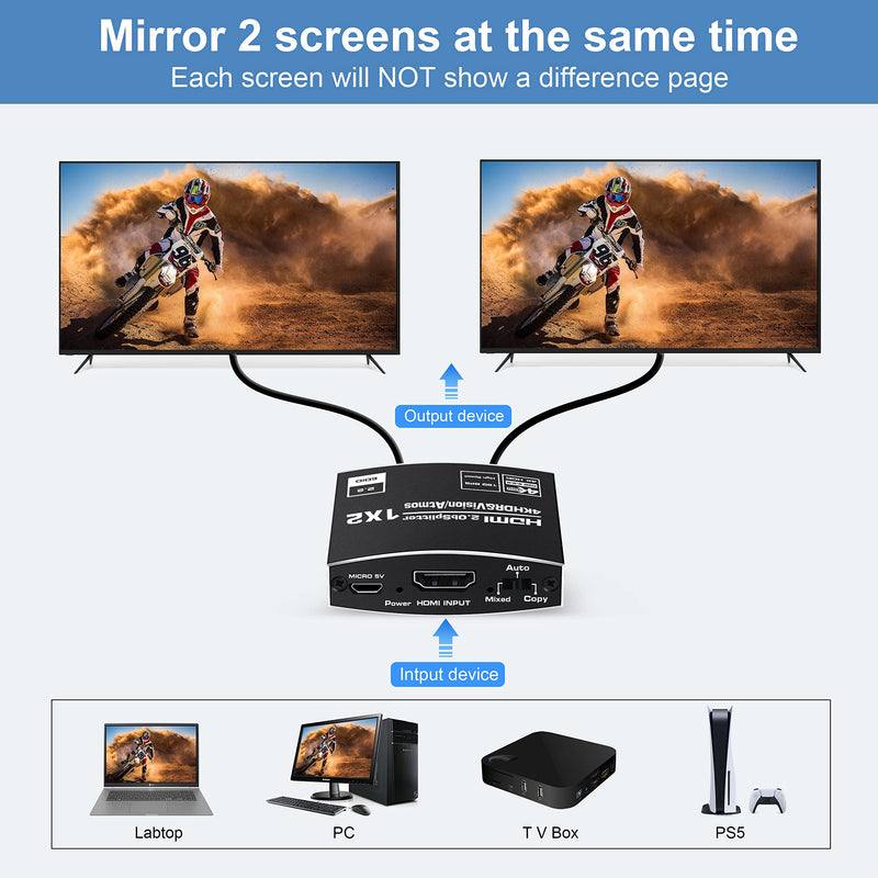 [Australia - AusPower] - 4K@60Hz HDMI Splitter 1 in 2 Out, avedio links 4K HDMI Splitter for Dual Monitors Duplicate/Mirror Screen Only, 1x2 HDMI Splitter Support 3D, HDCP2.3, HDR, EDID for Xbox PS5 