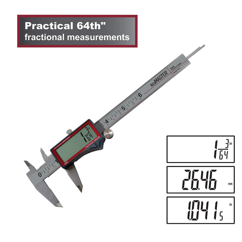 [Australia - AusPower] - Calculated Industries 7410 AccuMASTER 6-Inch Digital Caliper, Fractional (1/64ths) + Inch + Metric with Largest Display Digits for Woodworkers | Stainless Steel | IP54 Splash/Dust Resistant | Auto-Off 6 " Digital Caliper - Frac/Inch/MM 