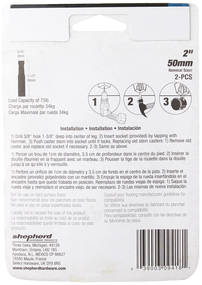 [Australia - AusPower] - Shepherd Hardware 9418 2-Inch Office Chair Caster, Twin Wheel, 5/16-Inch Stem Diameter, 75-lb Load Capacity, 2-Pack, Black 