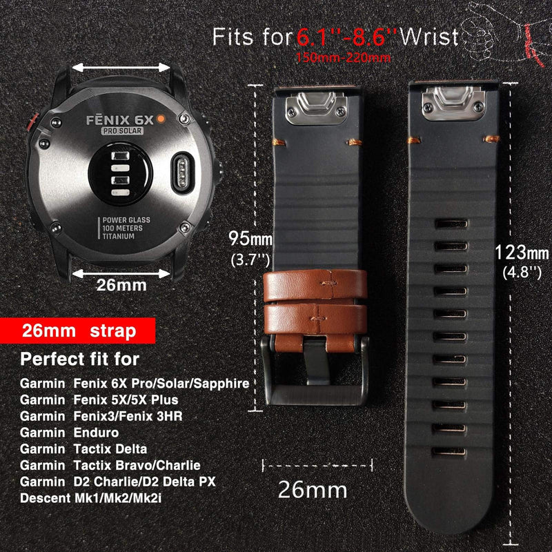 [Australia - AusPower] - Abanen for Garmin Fenix 7X / Fenix 6X / Fenix 5X Watch Band, Quick Easy Fit 26mm Soft Genuine Leather Hybrid Silicone Sweatproof Wristband Strap for Fenix 5X Plus,Tactix Delta,Fenix 3,Enduro Brown 
