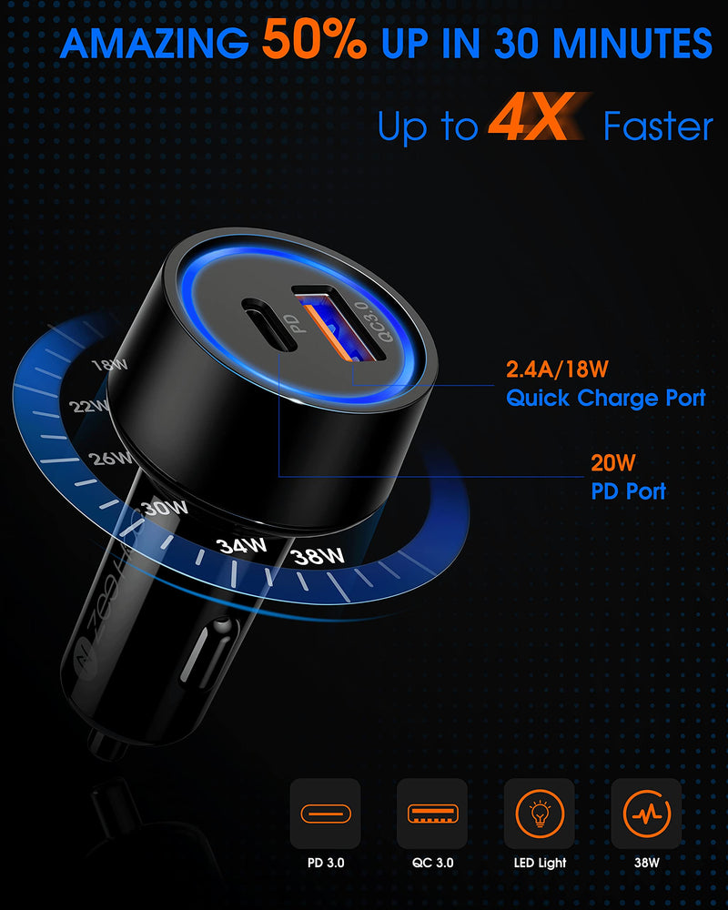 [Australia - AusPower] - Car Charger, ZeeHoo Car Charger Adapter 5.4A/38W USB C Car Charger QC 3.0 & PD Dual Port Fast Charging - Compatible with Apple iPhone 13 12 11, Samsung Galaxy S22/Note 20 Ultra/S21/20/10,Google Pixel Black 38W -- C to C Cable Included 