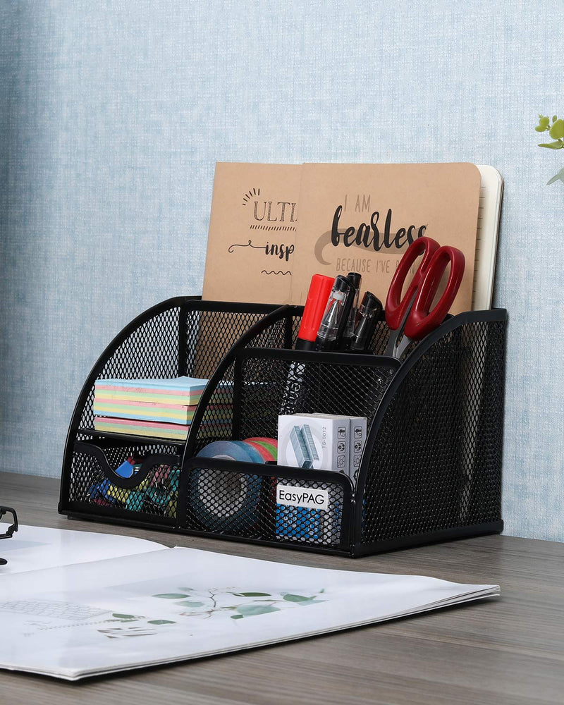 [Australia - AusPower] - EasyPAG Mesh Desk Organizer Caddy with 6 Compartments and 1 Sliding Drawer Desktop Accessories Office Supplies Holder for Home School Classroom, Black 