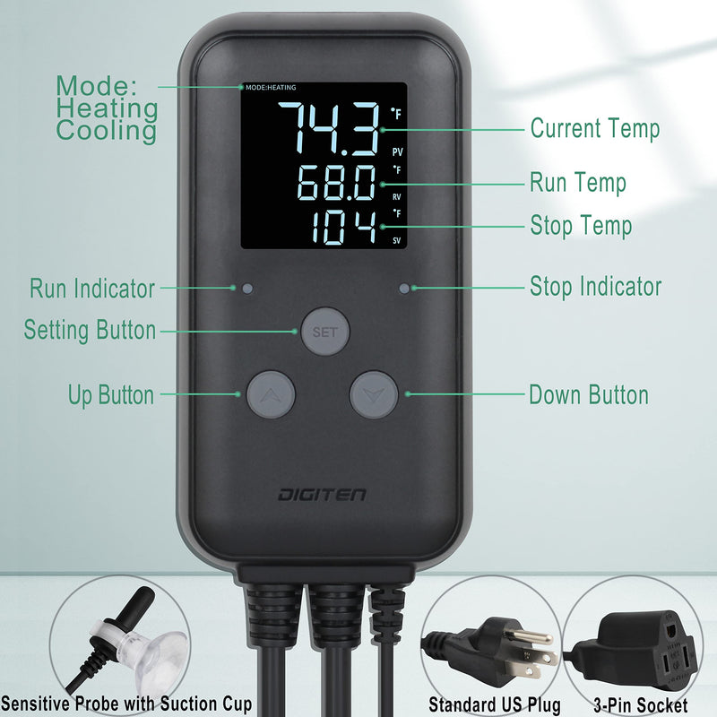 [Australia - AusPower] - DIGITEN Waterproof Temperature Controller DTC310 Digital Temperature Controller Aquarium Temperature Controller Greenhouse Thermostat for Heater 10A Outdoor Heat Mat Thermostat Controller for Seedling 10A Waterproof Temperature Controller 