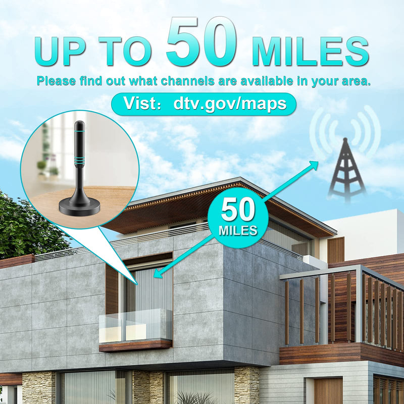 [Australia - AusPower] - TV Antenna-Indoor Outdoor Digital HDTV Antenna with Magnetic Base, 50+ Miles Range,10ft Coax Cable Amplifier Signal Booster, Support 4K 1080P for All TVs AN-BL 
