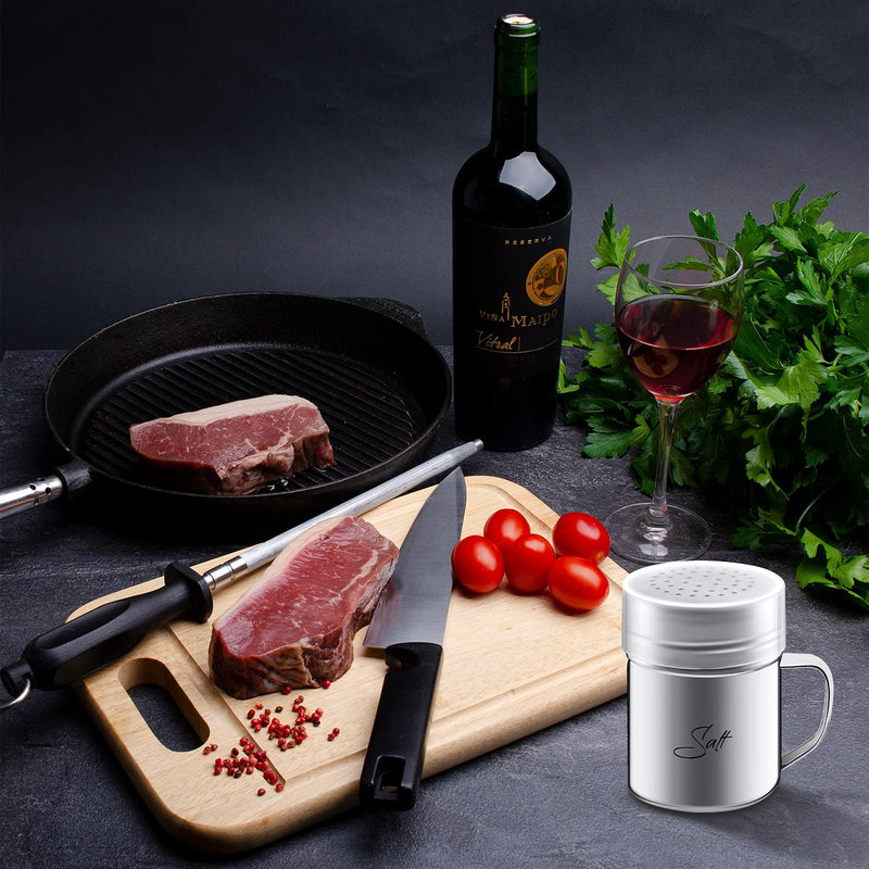 [Australia - AusPower] - 2 Pieces 13.5 OZ Stainless Steel Dredge Shaker with Lid and Handle Salt and Pepper Shakers Seasoning Pepper Shaker Spice Condiment Shaker for Cooking Kitchen Baking Salt Candy 