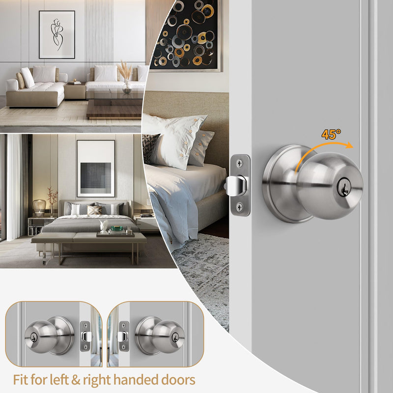 [Australia - AusPower] - Gaurqiah Keyed Entry Door Knob, Ball Design Doorknob for Interior Exterior, Reversible Round Door Lock for Front Entrance Doors, Stain Nickel Keyed Entry {Stain Nickel} 