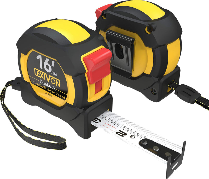 [Australia - AusPower] - LEXIVON [2-Pack] 16Ft/5m DuaLock Tape Measure | 1-Inch Wide Blade with Nylon Coating, Matt Finish White & Yellow Dual Sided Rule Print | Ft/Inch/Fractions/Metric (LX-208) 2PK-16FT DuaLock 