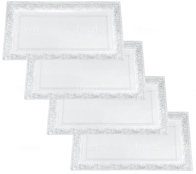 [Australia - AusPower] - 4 (pk) Yumchikel 14" x 7.5" Clear Lace Rim Plastic Serving Trays & Platters | Heavy Duty Disposable Decorative Dessert Tray - Party Platters for Upscale Parties Weddings Brand: Yumchikel 