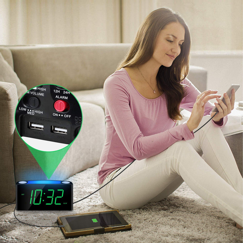 [Australia - AusPower] - Digital Alarm Clock for Bedroom, 7" Large LED Display Clock with Night Light, USB Phone Charger, Dimmer, Battery Backup, Easy to Set Extra Loud Bedside Clock for Heavy Sleeper Kid Senior Teen Boy Girl Green Digits 