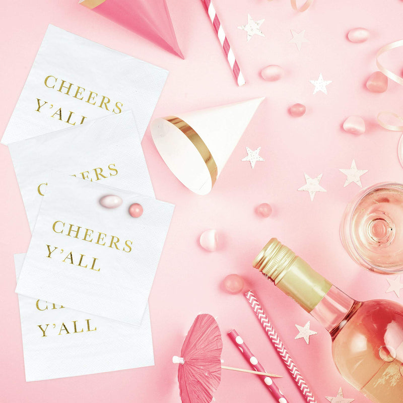 [Australia - AusPower] - Gold Cocktail Napkins - Cheers Y'all Party Napkins, Wedding Napkins, 3-Ply Disposable Paper Napkins for Wedding Reception, Engagement Party, Bridal Shower, Birthday - Gold Napkins by Sunshine Supply 