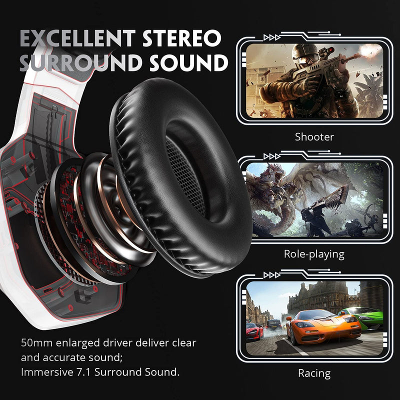 [Australia - AusPower] - Gaming Headset for Xbox One PC PS5 PS4, VOYEE Noise Isolation Stereo Over Ear Game Headphones with Microphone/LED Light/Bass Surround/Soft Memory Earmuffs (White) Black|White 