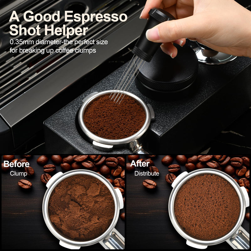 [Australia - AusPower] - Nessus WDT Espresso Distribution Tool, Espresso Accessories with Built-in Cleaning Brush, 0.35mm 10 Needle Distributor and Extra 10 Needles for Espresso Stirrer, Aluminum Handle with Stand for Barista 