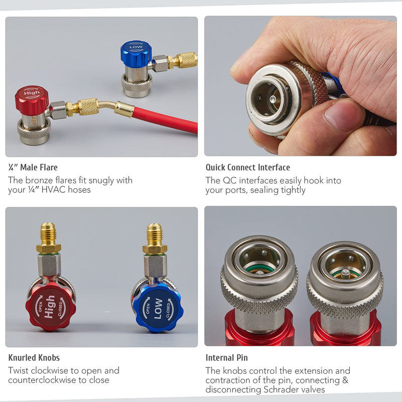 [Australia - AusPower] - ORION MOTOR TECH R134a Quick Coupler Adapter, Adjustable R134a Adapters and AC Hose Fittings, HP and LP Connectors for R134a Car AC System Evacuation Recharging and More, 1/4" Flares, Set of 2 