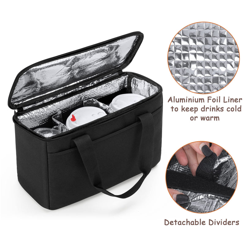 [Australia - AusPower] - Trunab Reusable 3 Cups Drink Carrier for Delivery with Adjustable Dividers, Insulated Drink Caddy Holder Bag for Take Out, Beverages Carrier Tote with Handle for Outdoors Black 