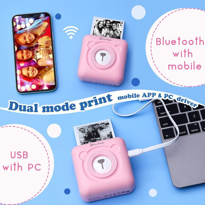 [Australia - AusPower] - PeriPage Mini Printer Portable Printer Pocket Printer A6 Portable Thermal Printer Label Sticky Note Sticker Photo Printer for Smart Phone with Bluetooth USB Connect and 6 Rolls Thermal Paper (Pink) Pink 