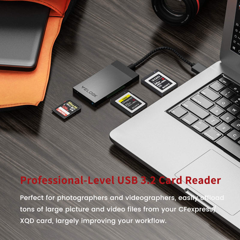 [Australia - AusPower] - VELOGK CFexpress/XQD Card Reader, Dual-Slot USB 3.2(10Gbps) CFexpress Type B Memory Card Reader Adapter Strongly Support CFexpress/XQD/SD Memory Cards, Compatible with Windows/Mac OS/Linux 