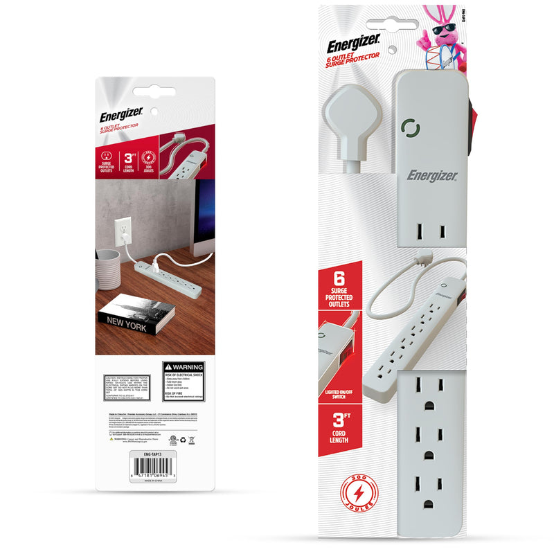 [Australia - AusPower] - Energizer 6 Device 3 Foot Power Surge Protector (6) AC Power Outlets 300 Joules Multi Plug Wall Outlet Extender Lighted ON Off Switch Power Strip Expander Outlet Splitter Plug in Adapter 