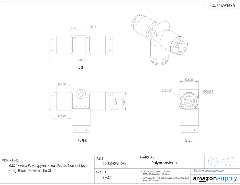 [Australia - AusPower] - SMC KP Series Polypropylene Clean Push-to-Connect Tube Fitting, Union Tee, 8mm Tube OD 
