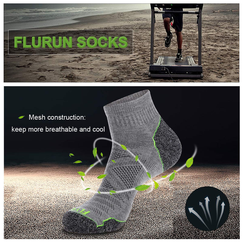 [Australia - AusPower] - FLYRUN Men's Athletic Ankle Quarter Socks Men Comfort Cushion Moisture Wicking Work Sock 6 Pack A2-grey 6 Pairs 