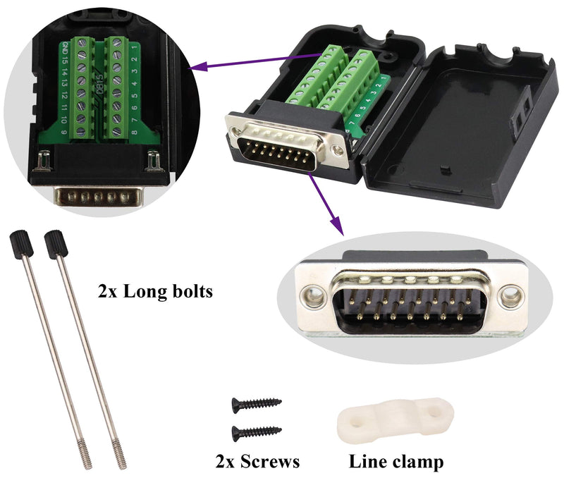 [Australia - AusPower] - AAOTOKK DB15 Screw Terminal Block Adapter D-SUB 15 Pin 2 Row DB15 Male to 16 Pin/Way Female Serial Terminal Breakout Board Connector Signal Module with case (2Pcak/Male) 