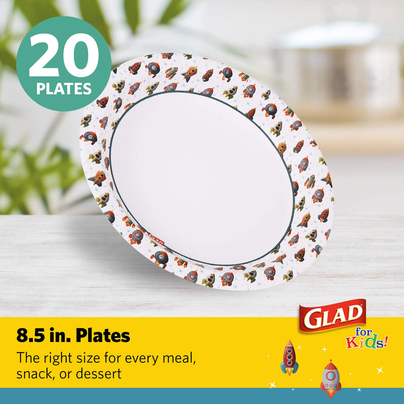 [Australia - AusPower] - GLAD for Kids 8 1/2-Inch Paper Plates | Small Round Paper Plates with Cute Rocket Design for Kids | Heavy Duty Disposable Soak Proof Microwavable Paper Plates for All Occasions, 20 Count 8.5" Round Plates 20ct 