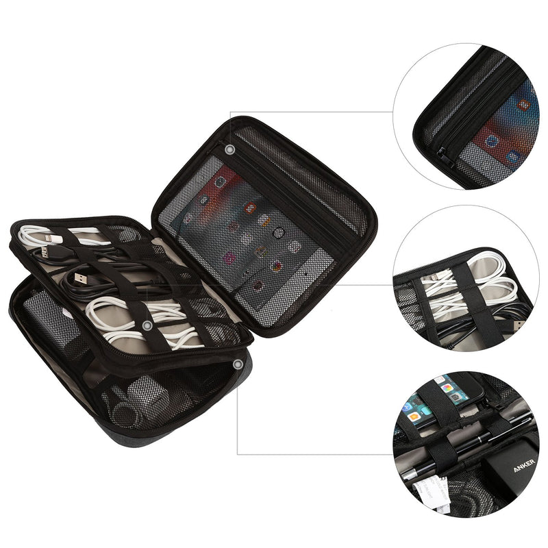 [Australia - AusPower] - BAGSMART Electronic Organizer,Travel Cable Organizer,Double Layer Electronics Accessories Bag for Tablet 7.9",USB Drive,Cords,Black Black 
