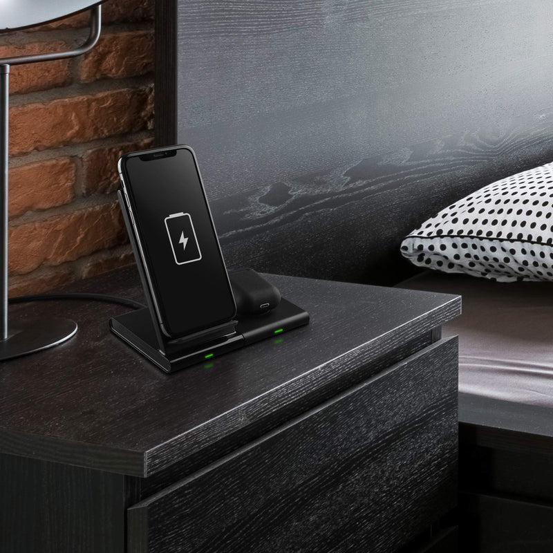 [Australia - AusPower] - Wireless Charger 2 in 1 - Dual Fast Charging Stand & Pad Station - 10W Max for Qi Devices, iPhone 13/12/11/X/8 (Pro, Pro Max, Mini), Samsung Galaxy S21/S20/S10/S9/Note, Google Pixel, LG - No Adapter 