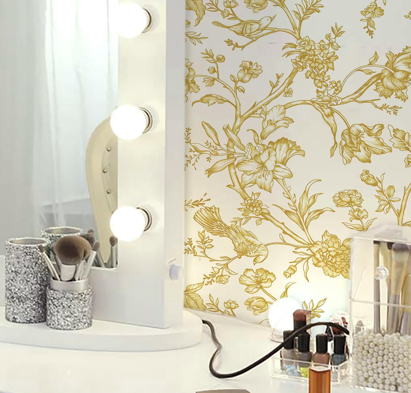 [Australia - AusPower] - Safiyya 118"x17.3" Peel and Stick Wallpaper Gold and White Contact Paper Floral Birds Wallpaper Self Adhesive Removable Wallpaper for Walls Furniture Covering Vinyl Rolls 118 In X 17.3 In 
