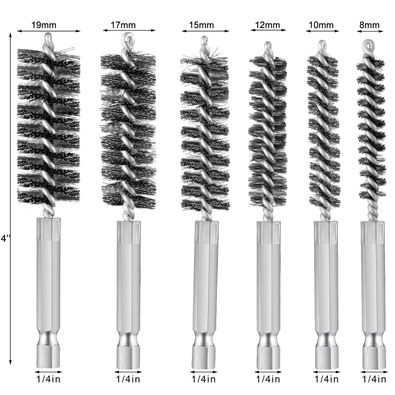 [Australia - AusPower] - 6 Pieces Stainless Steel Bore Brush in Different Sizes Twisted Wire Stainless Steel Cleaning Brush with Handle 1/4 Inch Hex Shank for Power Drill Impact Driver, 4 Inch in Length 8 mm, 10 mm, 12 mm, 15 mm, 17 mm, 19 mm 