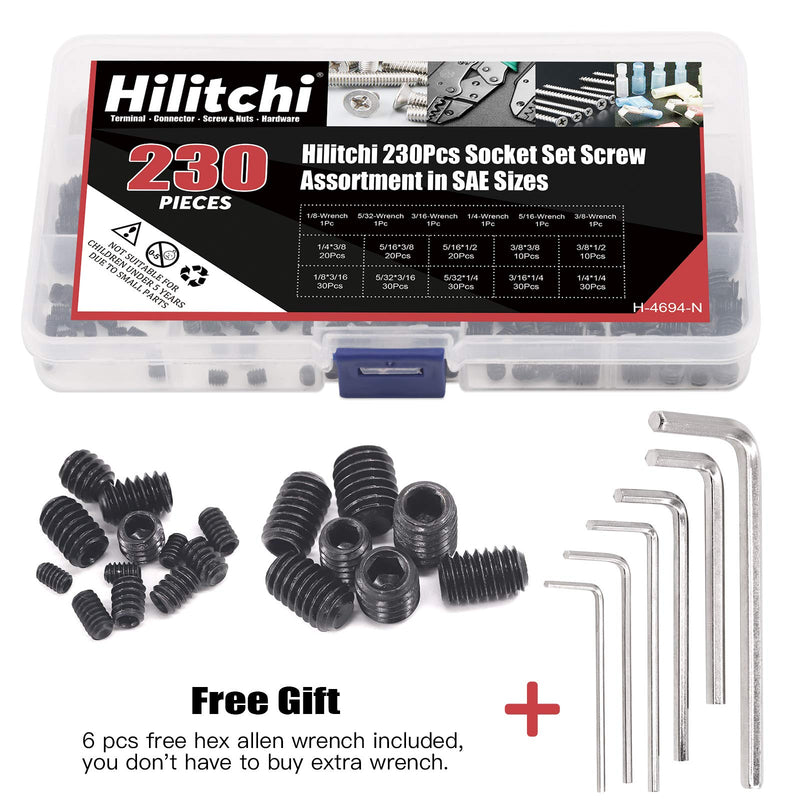 [Australia - AusPower] - Hilitchi 230Pcs Socket Set Screw Assortment in SAE Sizes Internal Hex Drive Cup Point Allen Grub Screws 12.9 Class Black Alloy Steel (10Sizes) 
