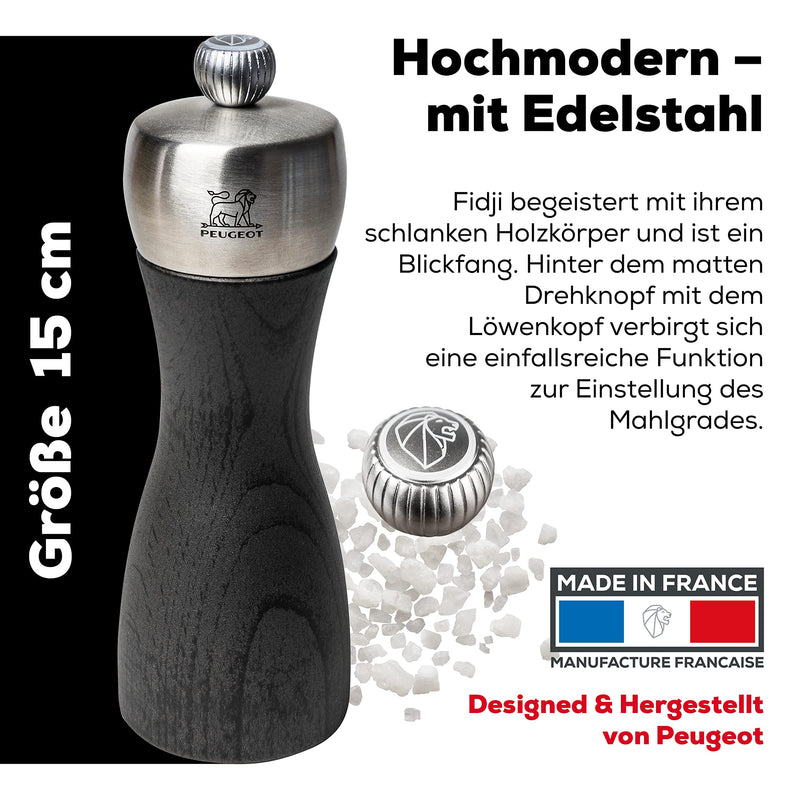 [Australia - AusPower] - Peugeot - Fidji Manual Salt Mill - Adjustable Grinder - Beechwood and Stainless Steel, Graphite Finish, 6 Inch 