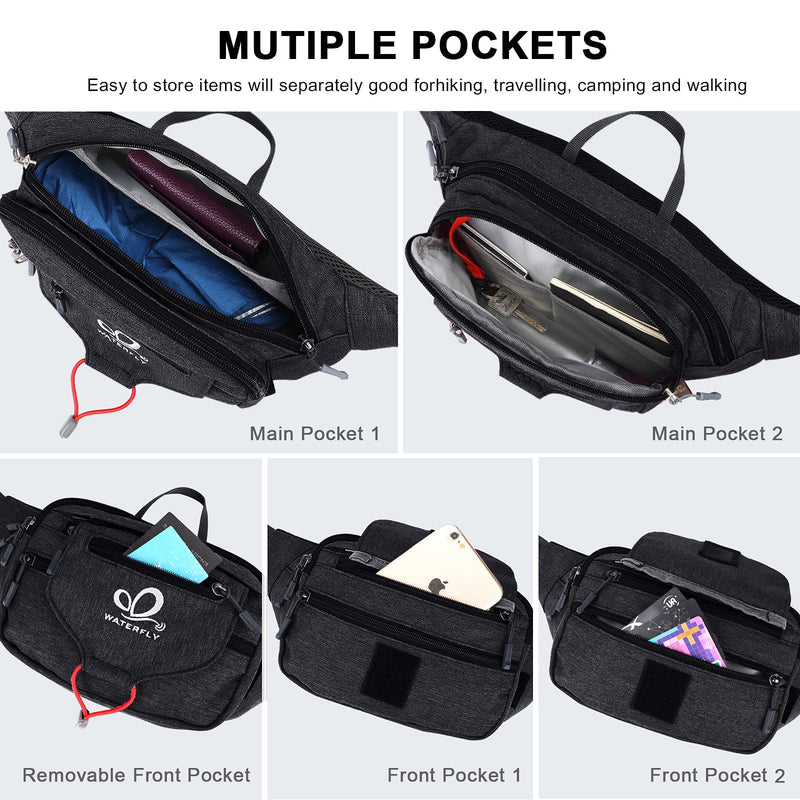 [Australia - AusPower] - WATERFLY Fanny Pack Waist Bag: Woman Man Runner Bumbag Hip Pouch Bum Bag Running Belt Purse Fannie Pack Beltbag Waistpack Phanny Pack Fannypack for Walking Jogging Black 
