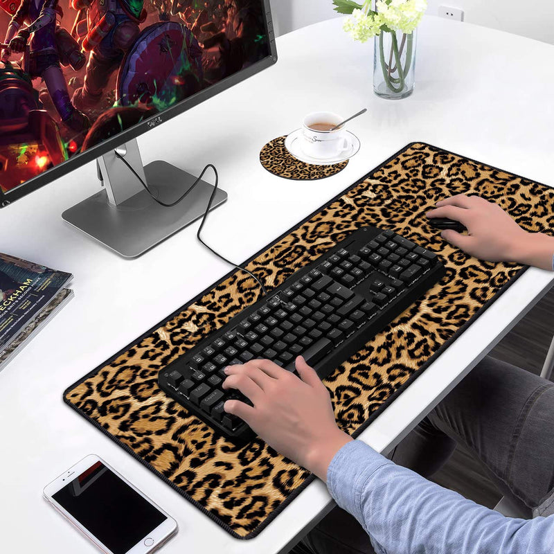 [Australia - AusPower] - Desk Pad Mat Gaming Mouse Pads with Coasters Set, Stitched Edges Design Mouse Pad XXL Large Mouse Pad for Laptop Computers Leopard Print Desk Writing Mat for Office & Home 31.5"x 11.8" 