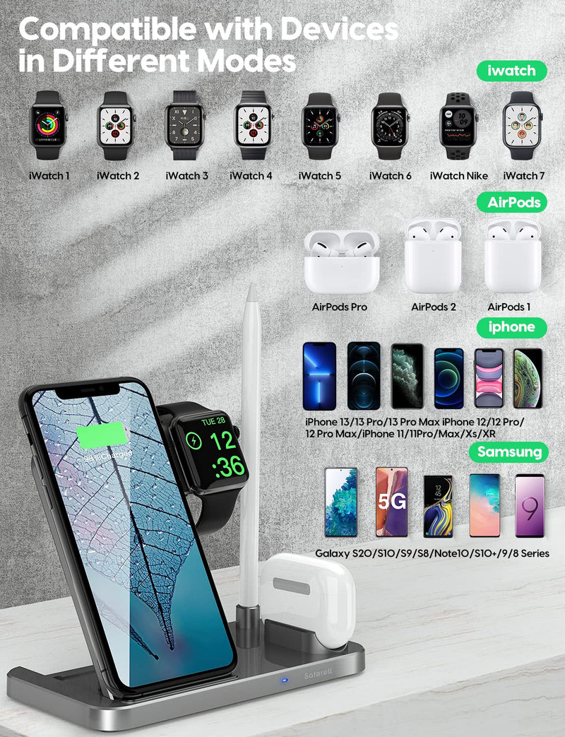 [Australia - AusPower] - 4 in 1 Wireless Charging Station,2021 Upgraded Fast Charging Dock Stand for iWatch Series 7/6/SE/5/4/3/2, AirPods & Pencil, Compatible with iPhone13/12Pro/11/XS/XR/8/Samsung(Silver) Silver 