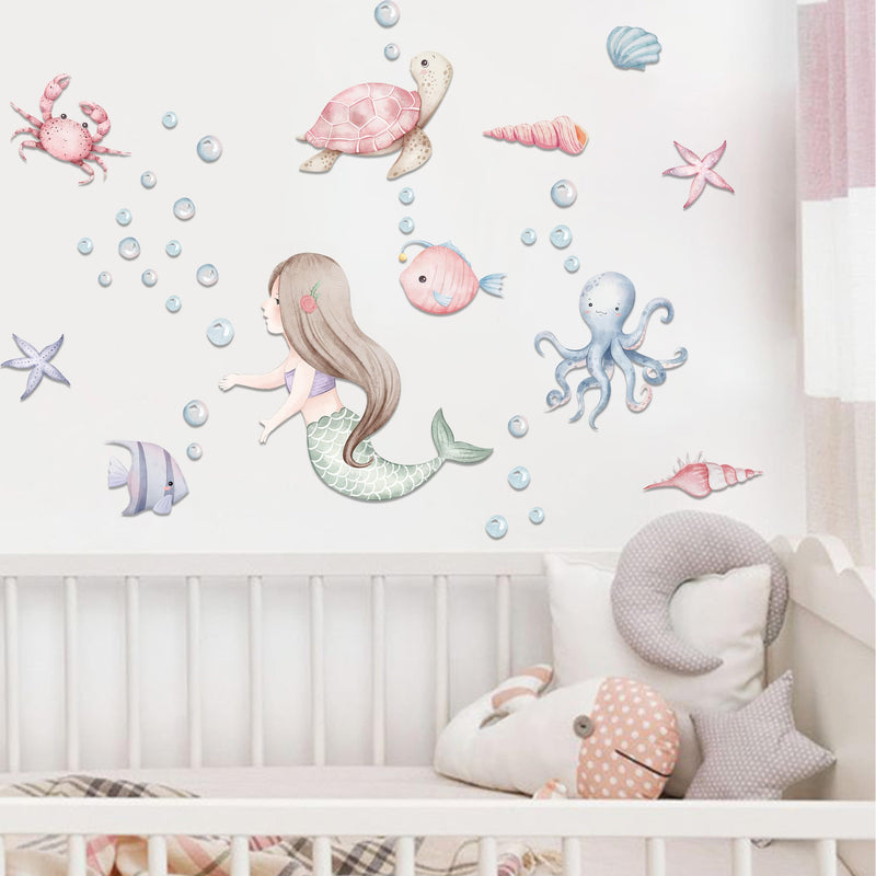 [Australia - AusPower] - MUWEOL Under The Sea Mermaid Wall Decals - Ocean Fish Turtle Wall Stickers Bathroom Girls Bedroom Baby Nursery Wall Decoration,Sea Animals Wall Stickers 