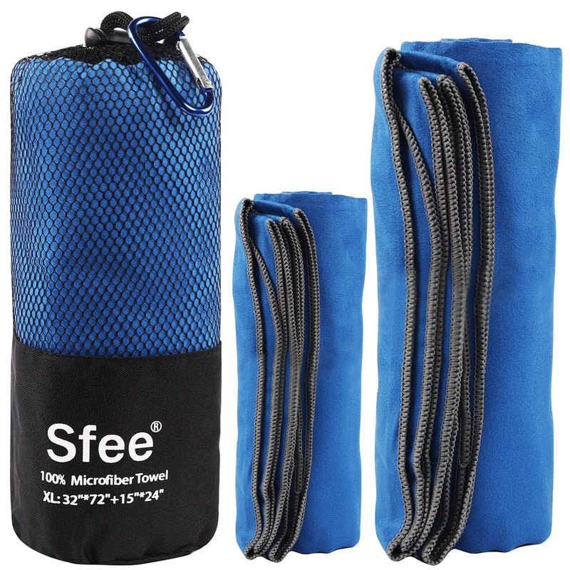 [Australia - AusPower] - Sfee 2 Pack Camping Towel, Quick Dry Towel Super Absorbent Travel Microfiber Towels, Fast Drying Compact Soft Lightweight Sports Towel Set for Beach, Hiking, Travel, Gym, Backpacking, Pool +Carabiner Dark Blue S 32" x 16"+ 32" x 16" 