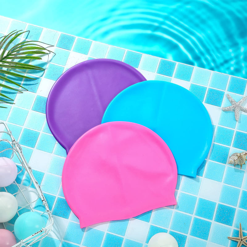 [Australia - AusPower] - 3 Pieces Kids Swim Caps for Long Hair Silicone Swimming Cap for Girls Boys Kids Teens with Long Curly Hair Braids Dreadlocks Large Waterproof Swim Hat Plain Style Pink, Light Blue, Purple 
