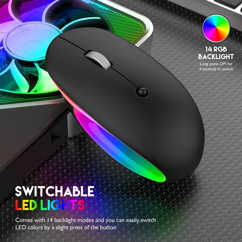 [Australia - AusPower] - Dancesoul LED Rechargeable Wireless Mouse, 2.4G Noiseless Mouse with USB Receiver and RGB Light,Portable Computer Mice for PC, Tablet, Laptop-Black Mouse 